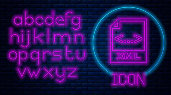 Leuchtende Neon XML-Datei Dokument. herunterladen Xml-Taste Symbol isoliert auf Ziegelwand Hintergrund. xml-Dateisymbol. Neonlicht-Alphabet. Vektorillustration — Stockvektor