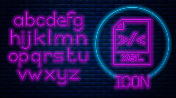 Documento di file XSL fluorescente al neon. Scarica xsl icona pulsante isolato su sfondo muro di mattoni. Simbolo file Excel. Alfabeto della luce al neon. Illustrazione vettoriale — Vettoriale Stock