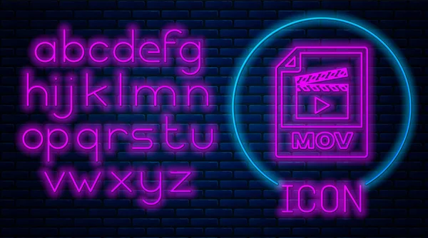 Glowing neon MOV file document. Download mov button icon isolated on brick wall background. MOV file symbol. Audio and video collection. Neon light alphabet. Vector Illustration — Stock Vector