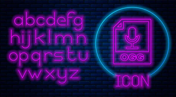 Glowing neon OGG file document. Download ogg button icon isolated on brick wall background. OGG file symbol. Neon light alphabet. Vector Illustration — Stock Vector