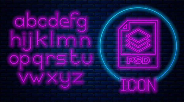 Glowing neon PSD file document. Download psd button icon isolated on brick wall background. PSD file symbol. Neon light alphabet. Vector Illustration — Stock Vector