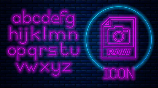 Glödande Neon rå arkivera dokument. Ladda ner RAW-knappen ikon isolerad på tegelvägg bakgrund. RAW-filsymbol. Neonljus alfabetet. Vektor illustration — Stock vektor