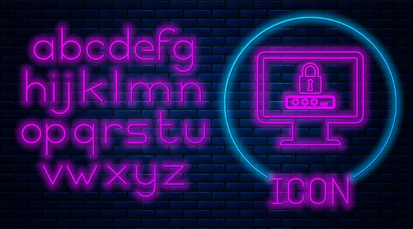 Moniteur néon lumineux avec notification par mot de passe et icône de verrouillage isolée sur fond de mur de briques. Sécurité, accès personnel, autorisation de l'utilisateur, formulaire de connexion. Alphabet néon. Illustration vectorielle — Image vectorielle