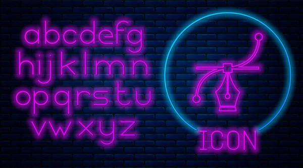 Ícone de curva brilhante neon Bezier isolado no fundo da parede de tijolo. Ícone de caneta ferramenta. Alfabeto claro de néon. Ilustração vetorial —  Vetores de Stock