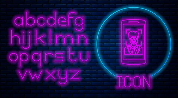 Gloeiende neon mobiele telefoon en gezichtsherkenning icoon geïsoleerd op bakstenen muur achtergrond. Gezicht identificatie scannerpictogram. Gezichts-id. Cyber Security. Neon licht alfabet. Vector illustratie — Stockvector