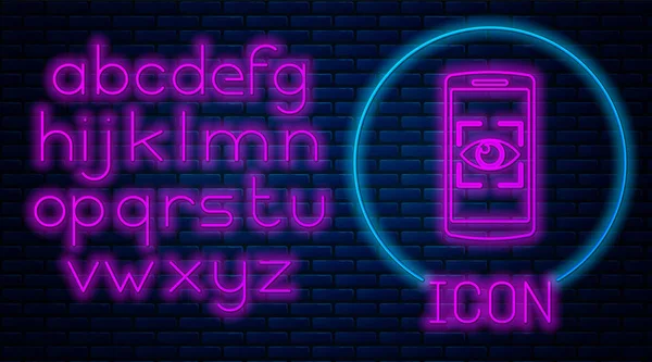 Glowing neon Mobile phone and eye scan icon isolated on brick wall background. Scanning eye. Security check symbol. Cyber eye sign. Neon light alphabet. Vector Illustration — Stock Vector