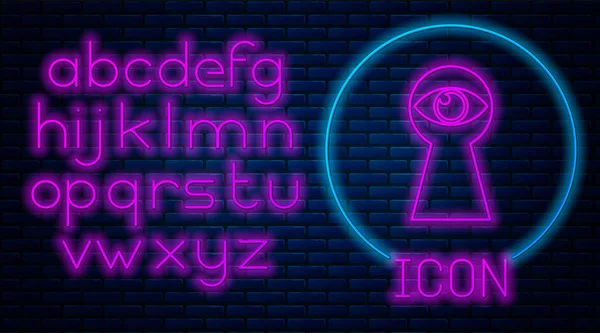 Glödande Neon Keyhole med öga ikonen isolerad på tegelvägg bakgrunden. Ögat tittar in i nyckelhålet. Hål för hål i hålet. Neonljus alfabetet. Vektor illustration — Stock vektor