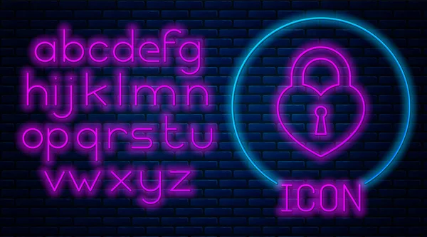Glowing neon Castle in the shape of a heart icon isolated on brick wall background. Locked Heart. Love symbol and keyhole sign. Neon light alphabet. Vector Illustration — Stock Vector