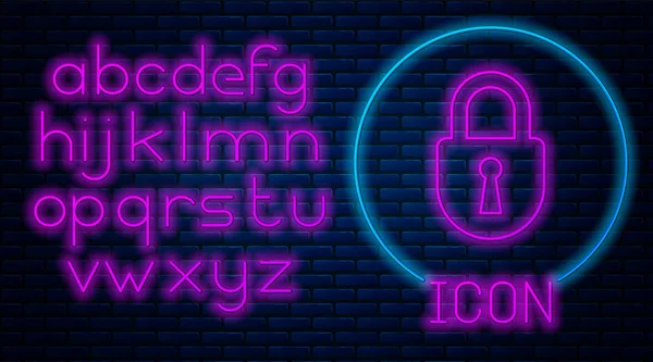 Glowing neon Lock icon isolated on brick wall background. Padlock sign. Security, safety, protection, privacy concept. Neon light alphabet. Vector Illustration — Stock Vector