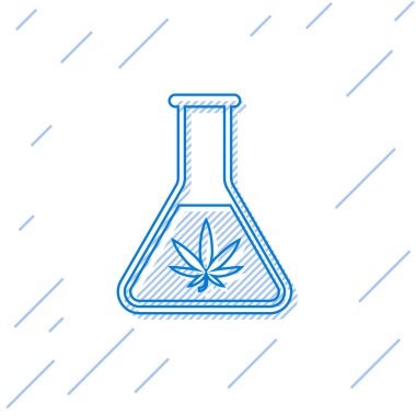 Beyaz arka plan üzerinde izole esrar veya esrar yaprağı simgesi ile Mavi çizgi Kimyasal test tüpü. Araştırma konsepti. Laboratuvar Cbd yağ konsepti. Vektör İllüstrasyonu