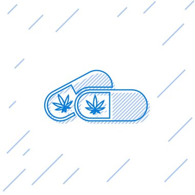 Beyaz arka planda marihuana ya da kenevir yaprağı ikonu olan mavi çizgi tıbbi haplar. Kavanozlardaki kenevir yağı özlerini taklit et. Vektör İllüstrasyonu