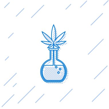 Beyaz arka plan üzerinde izole esrar veya esrar yaprağı simgesi ile Mavi çizgi Kimyasal test tüpü. Araştırma konsepti. Laboratuvar Cbd yağ konsepti. Vektör İllüstrasyonu