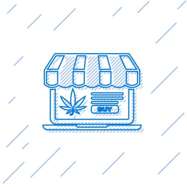 Mavi çizgi dizüstü bilgisayar ve tıbbi marihuana ya da kenevir yaprağı ikonu beyaz arka planda izole edilmiş. İnternetten satın alma sembolü. Süpermarket sepeti. Vektör İllüstrasyonu