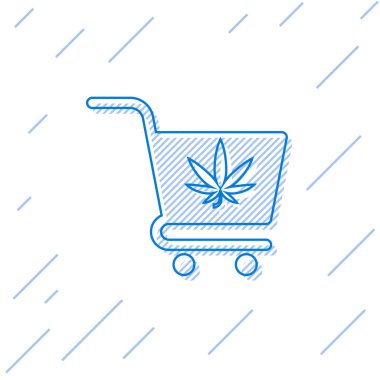 Beyaz arka plan üzerinde izole esrar veya esrar yaprak simgesi ile Mavi çizgi Alışveriş sepeti. Online satın alma. Teslimat hizmeti. Süpermarket sepeti. Vektör İllüstrasyonu