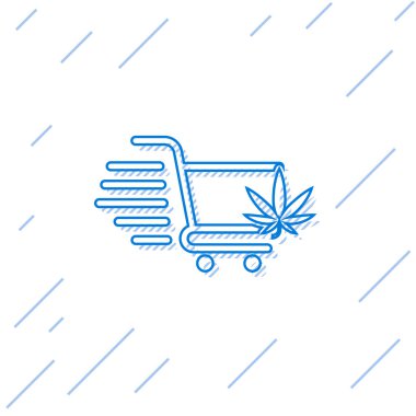 Beyaz arka plan üzerinde izole esrar veya esrar yaprak simgesi ile Mavi çizgi Alışveriş sepeti. Online satın alma. Teslimat hizmeti. Süpermarket sepeti. Vektör İllüstrasyonu