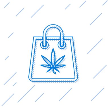 Mavi çizgili alışveriş poşeti, beyaz arka planda izole edilmiş tıbbi marihuana veya kenevir yaprağı ikonu. Kenevir almak. Kenevir sembolü. Vektör İllüstrasyonu