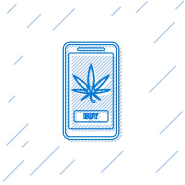 Mavi hat Cep telefonu ve tıbbi esrar veya esrar yaprağı simgesi beyaz arka plan üzerinde izole. Online satın alma sembolü. Süpermarket sepeti. Vektör İllüstrasyonu