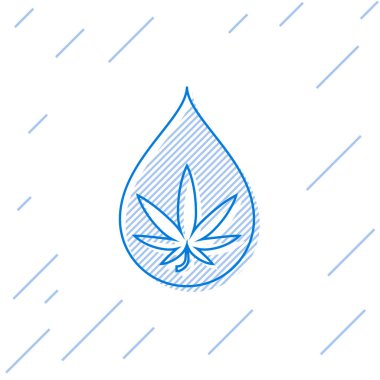Mavi çizgi Tıbbi marihuana veya kenevir yaprağı zeytinyağı damlası ikonu beyaz arka planda izole edilmiş. Esrar özütü. Kenevir sembolü. Vektör İllüstrasyonu