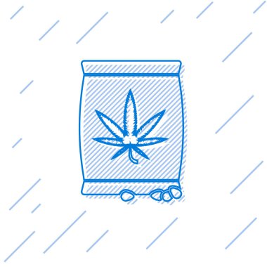 Mavi çizgi Esrar veya beyaz arka plan üzerinde izole bir çanta simgesi esrar tohumları. Kenevir sembolü. Marihuana ekim süreci. Vektör İllüstrasyonu