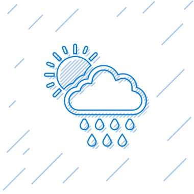 Beyaz arka plan üzerinde izole yağmur ve güneş simgesi ile Mavi çizgi Bulut. Yağmur damlaları ile yağmur bulutu yağış. Vektör İllüstrasyonu