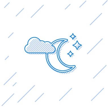 Beyaz arka planda yalıtılmış ay ve yıldız simgesine sahip Mavi çizgi Bulut. Bulutlu gece işareti. Uyku rüyaları sembolü. Gece ya da yatak saati işareti. Vektör İllüstrasyonu