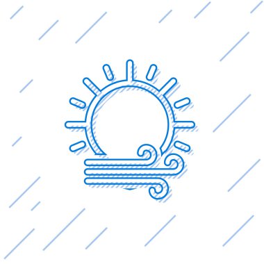 Mavi çizgi Rüzgar ve güneş simgesi beyaz arka plan üzerinde izole. Rüzgarlı hava. Vektör İllüstrasyonu