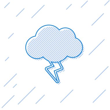 Mavi çizgi Storm simgesi beyaz arkaplanda izole edildi. Bulut ve şimşek işareti. Fırtınanın hava durumu ikonu. Vektör İllüstrasyonu