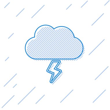 Mavi çizgi Storm simgesi beyaz arkaplanda izole edildi. Bulut ve şimşek işareti. Fırtınanın hava durumu ikonu. Vektör İllüstrasyonu