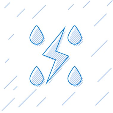 Mavi çizgi Storm simgesi beyaz arka planda yalıtılmış. Damla ve şimşek işareti. Fırtınanın hava ikonu. Vektör İllüstrasyonu