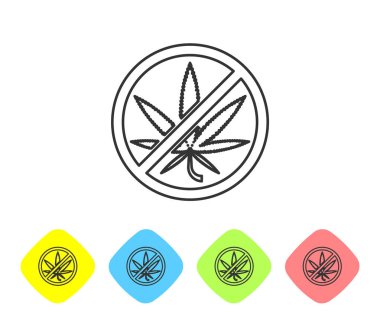 Gri çizgi. Beyaz arka planda marihuana veya kenevir yaprağı simgesini durdur. Marihuana içmek yok. Kenevir sembolü. Renkli eşkenar dörtgen düğmelerine simgeleri yerleştir. Vektör İllüstrasyonu