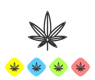 Gri çizgi Tıbbi marihuana veya kenevir yaprağı ikonu beyaz arka planda izole edilmiş. Kenevir sembolü. Renkli eşkenar dörtgen düğmelerine simgeleri yerleştir. Vektör İllüstrasyonu