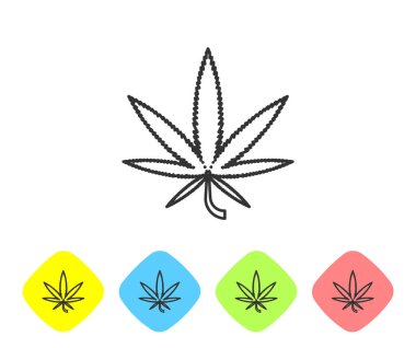Gri çizgi Tıbbi marihuana veya kenevir yaprağı ikonu beyaz arka planda izole edilmiş. Kenevir sembolü. Renkli eşkenar dörtgen düğmelerine simgeleri yerleştir. Vektör İllüstrasyonu