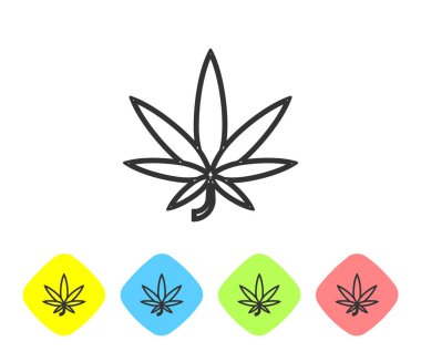 Gri çizgi Tıbbi marihuana veya kenevir yaprağı ikonu beyaz arka planda izole edilmiş. Kenevir sembolü. Renkli eşkenar dörtgen düğmelerine simgeleri yerleştir. Vektör İllüstrasyonu