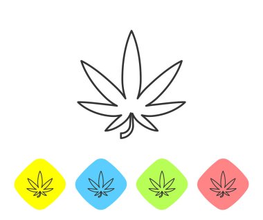 Gri çizgi Tıbbi marihuana veya kenevir yaprağı ikonu beyaz arka planda izole edilmiş. Kenevir sembolü. Renkli eşkenar dörtgen düğmelerine simgeleri yerleştir. Vektör İllüstrasyonu