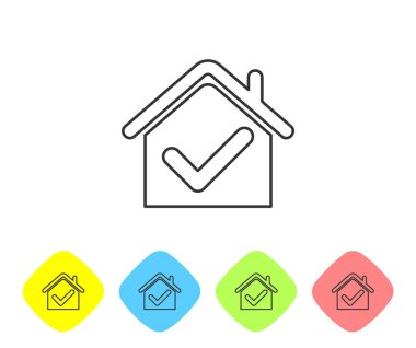 Beyaz arka planda yalıtılmış onay işareti simgesine sahip gri çizgi House. Emlak ajansı veya yazlık kasaba elit sınıf. Renk eşkenar dörtgen düğmelerinde simgeleri ayarlayın. Vektör İllüstrasyonu