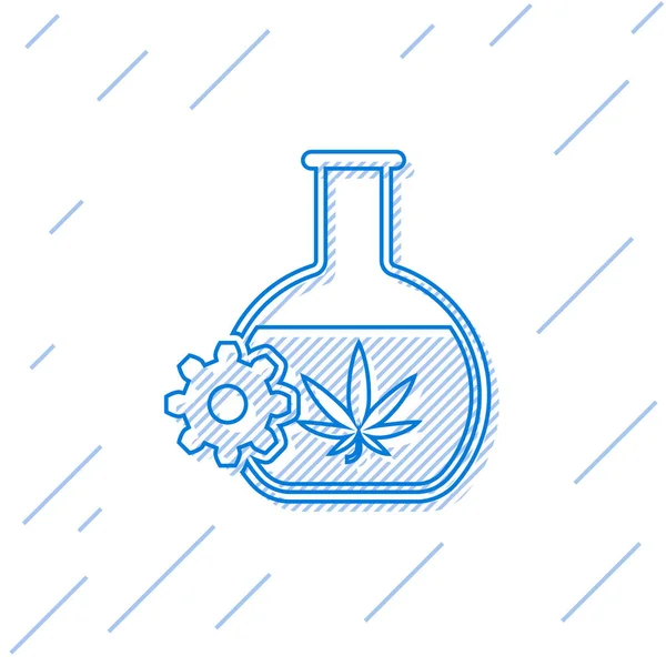 Tubo de ensayo químico de línea azul con marihuana o icono de hoja de cannabis aislado sobre fondo blanco. Concepto de investigación. Concepto de aceite de CBD de laboratorio. Ilustración vectorial — Vector de stock