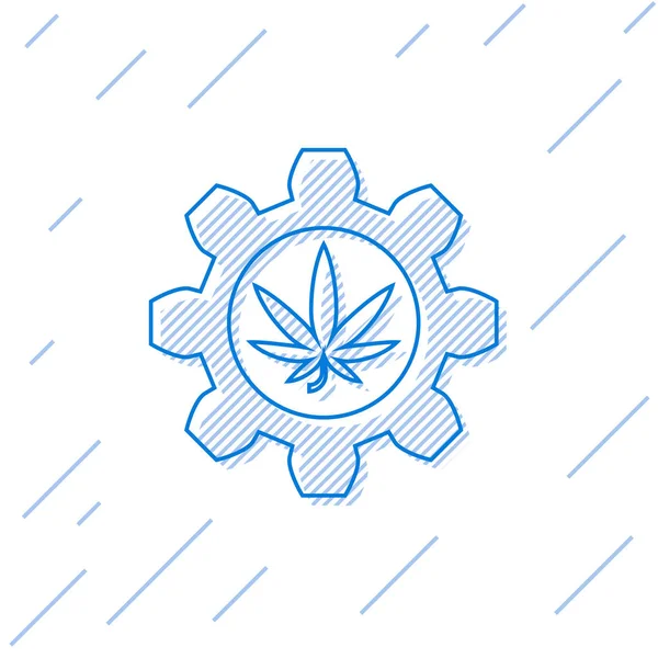 Tubo de ensayo químico de línea azul con marihuana o icono de hoja de cannabis aislado sobre fondo blanco. Concepto de investigación. Concepto de aceite de CBD de laboratorio. Ilustración vectorial — Vector de stock