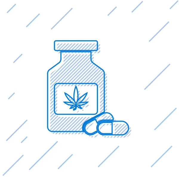 Blue line Medical bottle with marijuana or cannabis leaf icon isolated on white background. Mock up of cannabis oil extracts in jars. Vector Illustration — Stock Vector