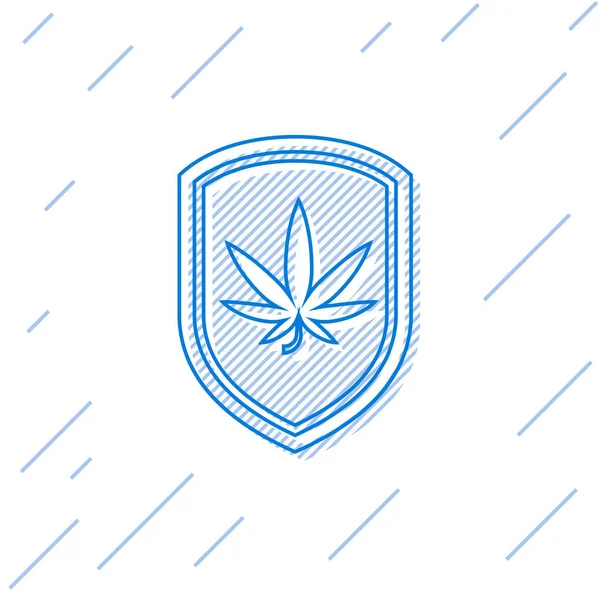 Escudo de línea azul y marihuana o icono de la hoja de cannabis aislado sobre fondo blanco. Legalización de la marihuana. Un símbolo de cáñamo. Ilustración vectorial — Vector de stock