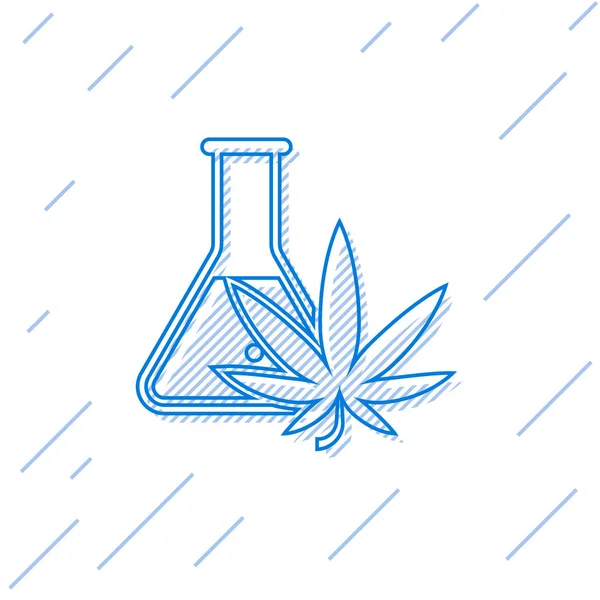 Tubo de ensayo químico de línea azul con marihuana o icono de hoja de cannabis aislado sobre fondo blanco. Concepto de investigación. Concepto de aceite de CBD de laboratorio. Ilustración vectorial — Vector de stock