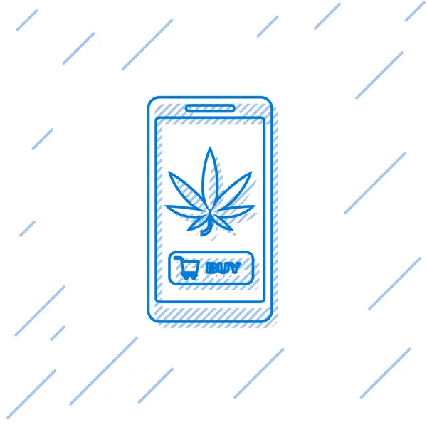 Línea azul Teléfono móvil y marihuana medicinal o icono de hoja de cannabis aislado sobre fondo blanco. Símbolo de compra online. Cesta del supermercado. Ilustración vectorial — Archivo Imágenes Vectoriales