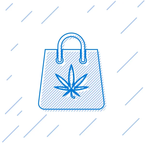 Mavi çizgili alışveriş poşeti, beyaz arka planda izole edilmiş tıbbi marihuana veya kenevir yaprağı ikonu. Kenevir almak. Kenevir sembolü. Vektör İllüstrasyonu — Stok Vektör