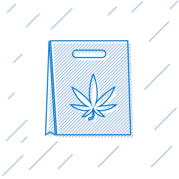 Línea azul Bolsa de papel de compras de marihuana medicinal o icono de hoja de cannabis aislado sobre fondo blanco. Comprar cannabis. Un símbolo de cáñamo. Ilustración vectorial — Vector de stock