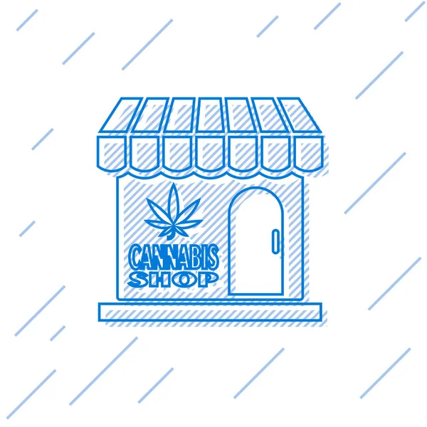Niebieska linia Marihuana i ikona sklepu marihuany izolowane na białym tle. Sprzęt i akcesoria do palenia, przechowywania marihuany medycznej. Ilustracja wektora — Wektor stockowy