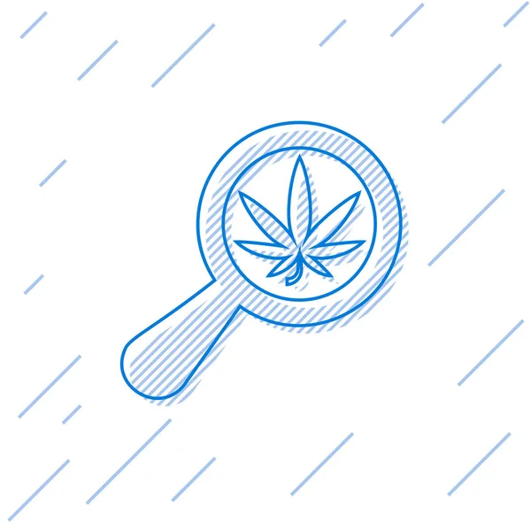 Línea azul Lupa y marihuana medicinal o icono de hoja de cannabis aislado sobre fondo blanco. Un símbolo de cáñamo. Ilustración vectorial — Vector de stock