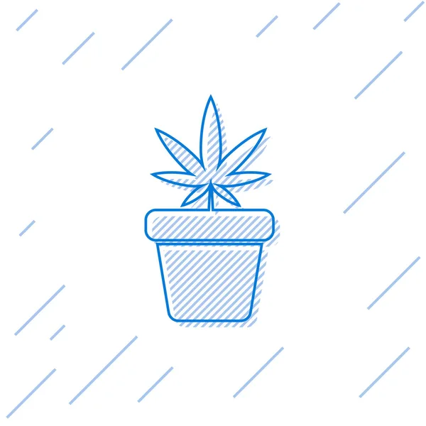 Línea azul Marihuana medicinal o planta de cannabis en maceta icono aislado sobre fondo blanco. Concepto de cultivo de marihuana. Planta en maceta de cáñamo. Ilustración vectorial — Vector de stock