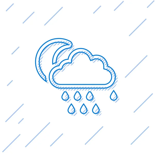 Blaue Linienwolke mit Regen und Mondsymbol auf weißem Hintergrund. Regenwolken Niederschlag mit Regentropfen. Vektorillustration — Stockvektor