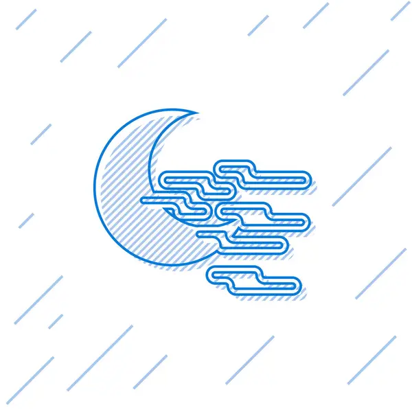 Linha azul Ícone de névoa e lua isolado no fundo branco. Ilustração vetorial — Vetor de Stock