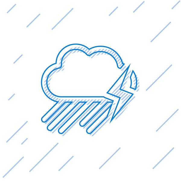 Nube de línea azul con la lluvia y relámpago icono aislado sobre fondo blanco. Precipitación de nubes de lluvia con gotas de lluvia.Icono meteorológico de la tormenta. Ilustración vectorial — Vector de stock