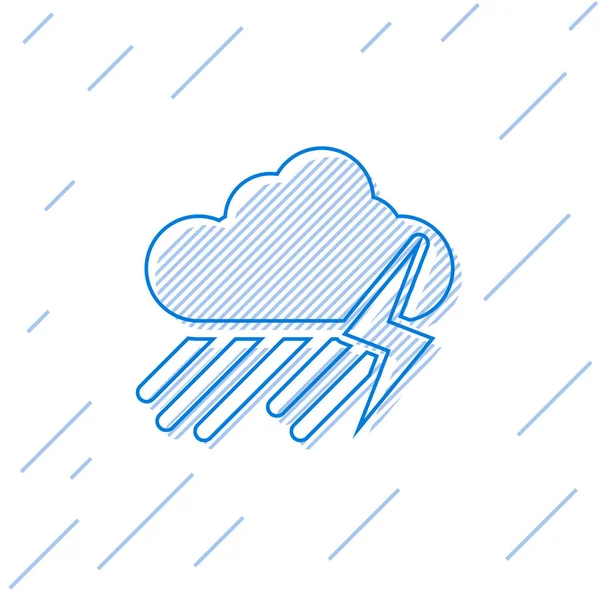 Blaue Linie Wolke mit Regen und Blitz-Symbol isoliert auf weißem Hintergrund. Regenwolken Niederschlag mit Regentropfen. Wettersymbol des Sturms. Vektorillustration — Stockvektor